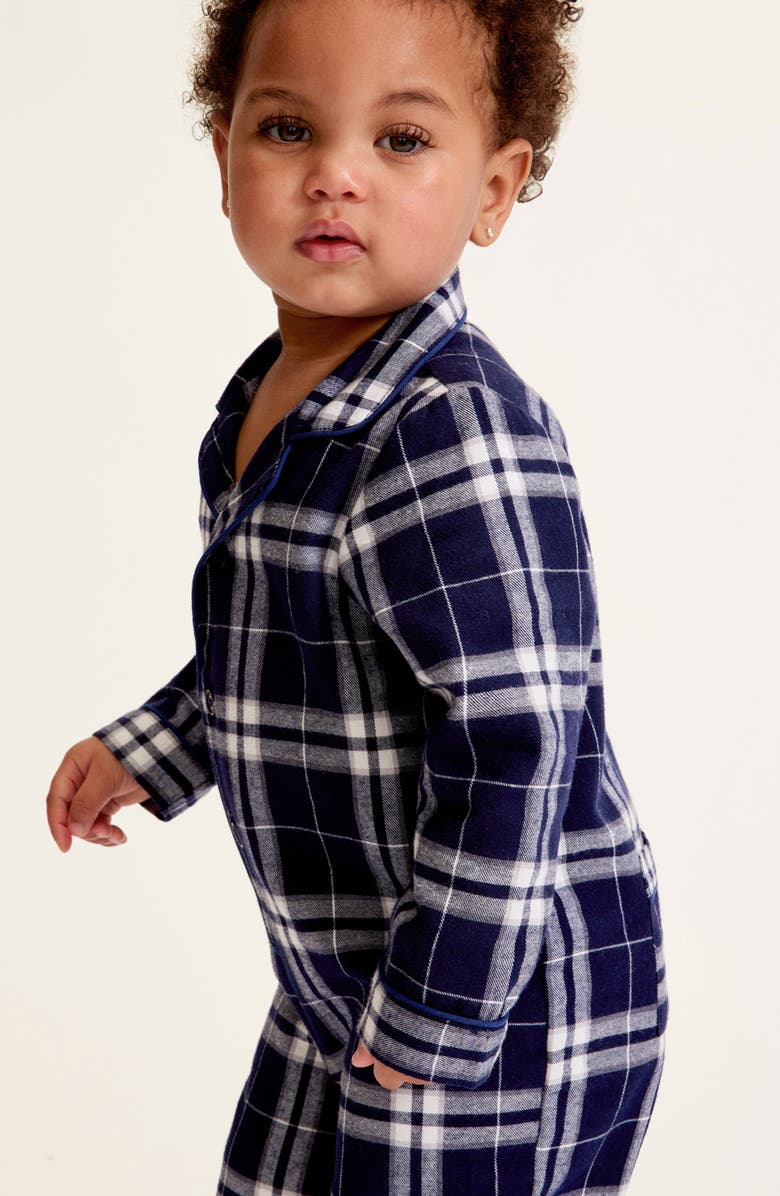 Petite Plume Oxford Tartan One-Piece Brushed Twill Pajamas, Alternate, color, Navy