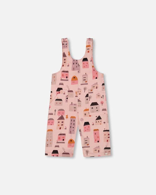 Deux Par Deux Girl's Printed French Terry Overalls Pink And Coral Houses In Pink And Coral Houses