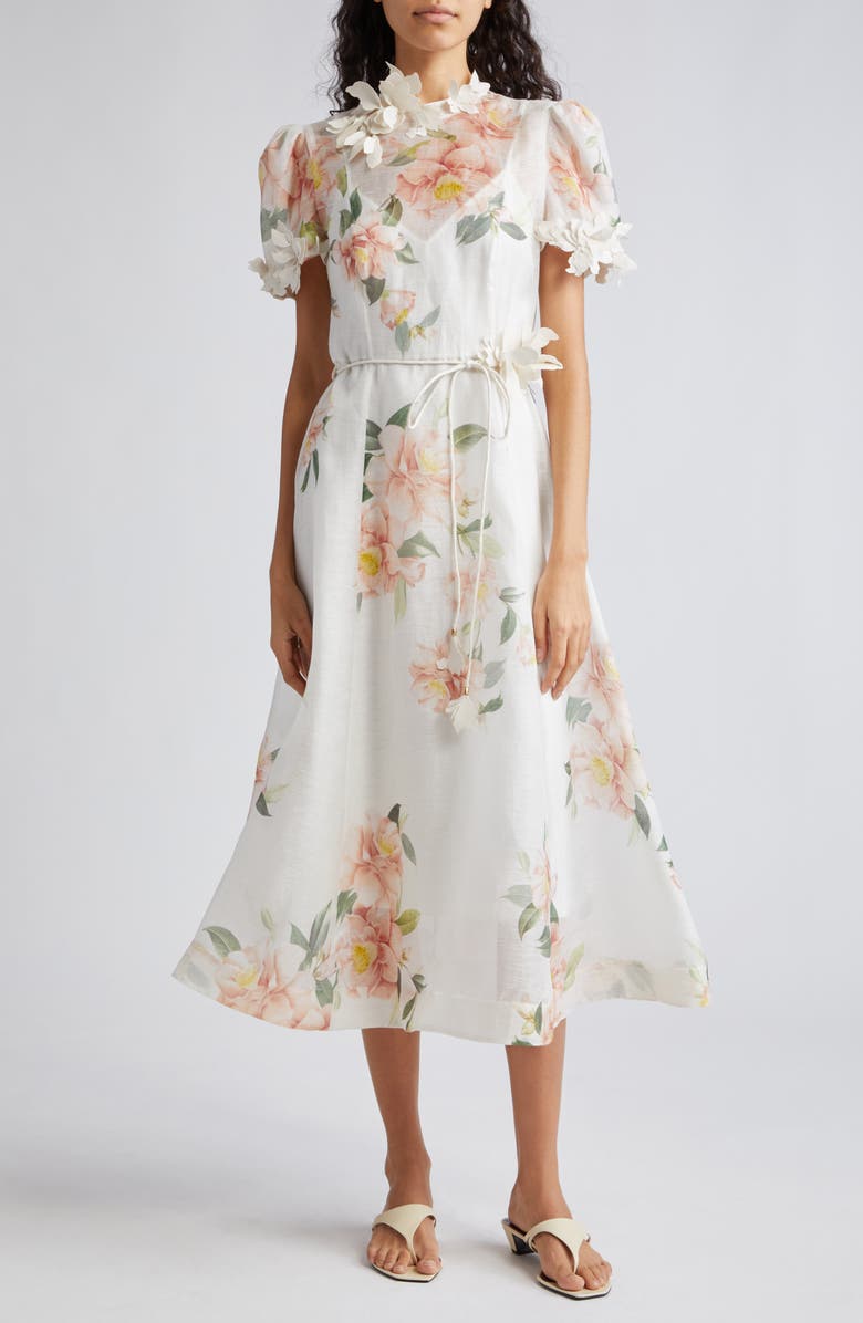 Zimmermann Natura Liftoff Floral Linen & Silk Organza Midi Dress, Main, color,