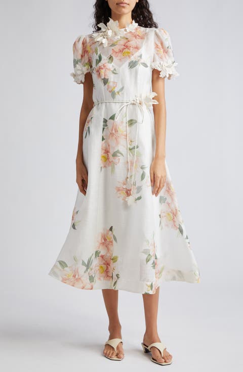 Natura Liftoff Floral Linen & Silk Organza Midi Dress (Regular & Petite)