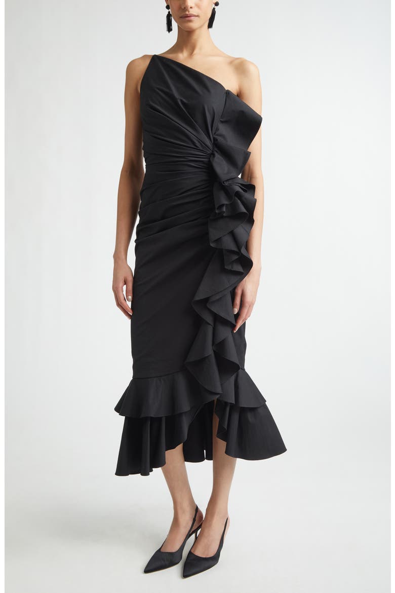 Ruffled Asymmetric Ruched One-Shoulder Midi Dress, Alternate, color, BLACK