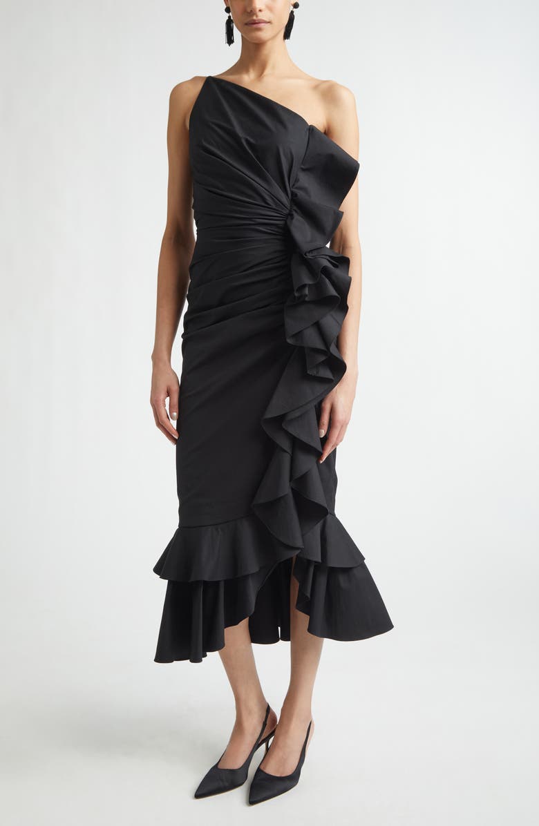 Carolina Herrera Ruffled Asymmetric Ruched One-Shoulder Midi Dress, Alternate, color, Black