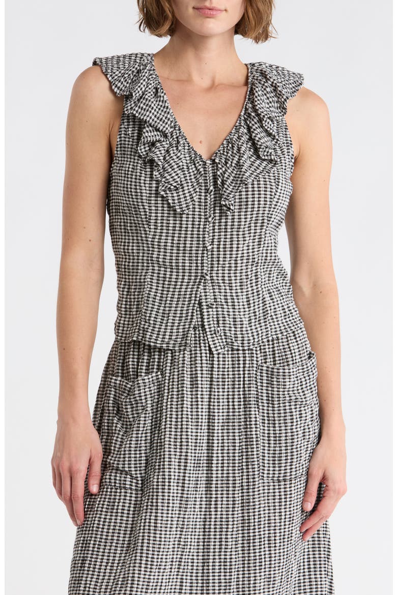 Ruffle V-Neck Sleeveless Top, Main, color, BLACK- IVORY MINI GINGHAM