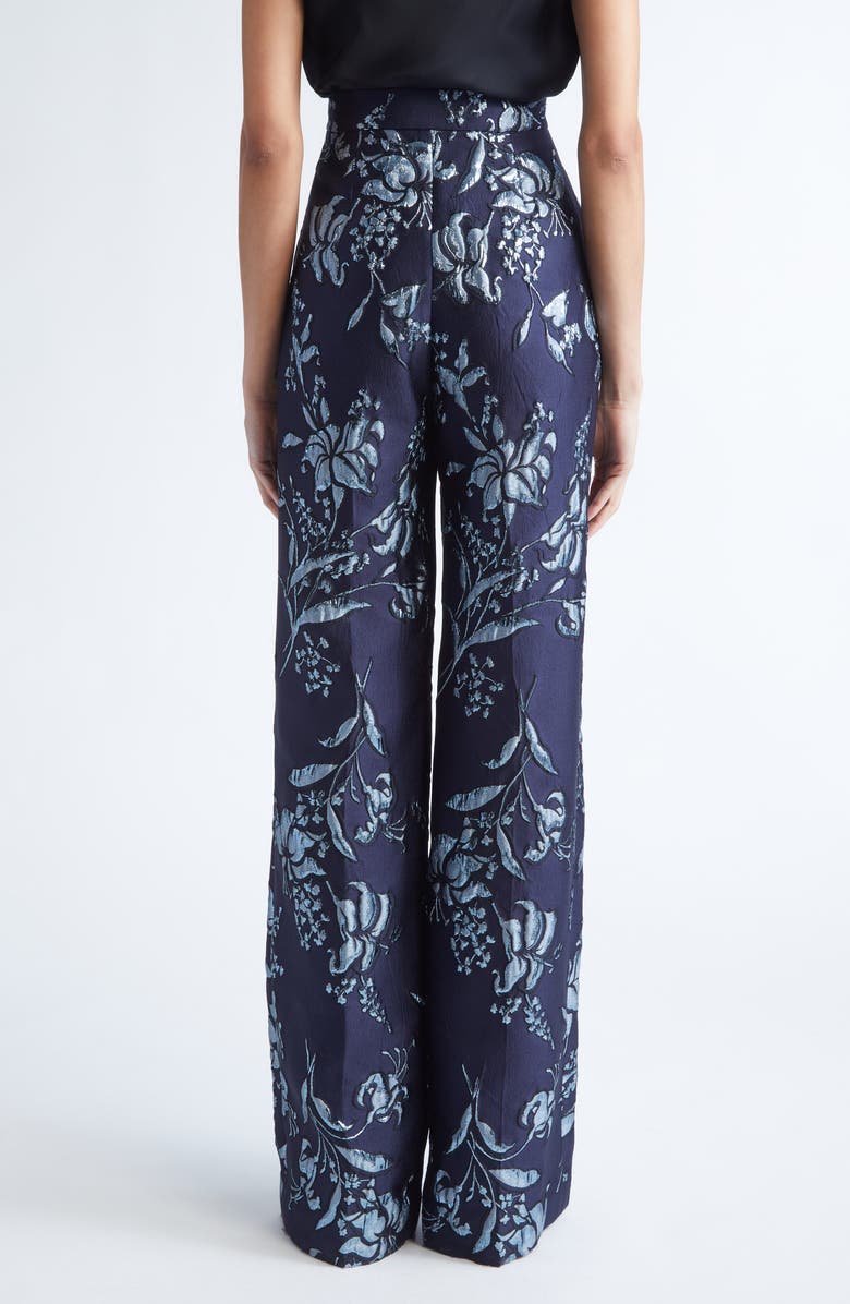 Lela Rose Metallic Floral Brocade Wide Leg Pants, Alternate, color, Navy