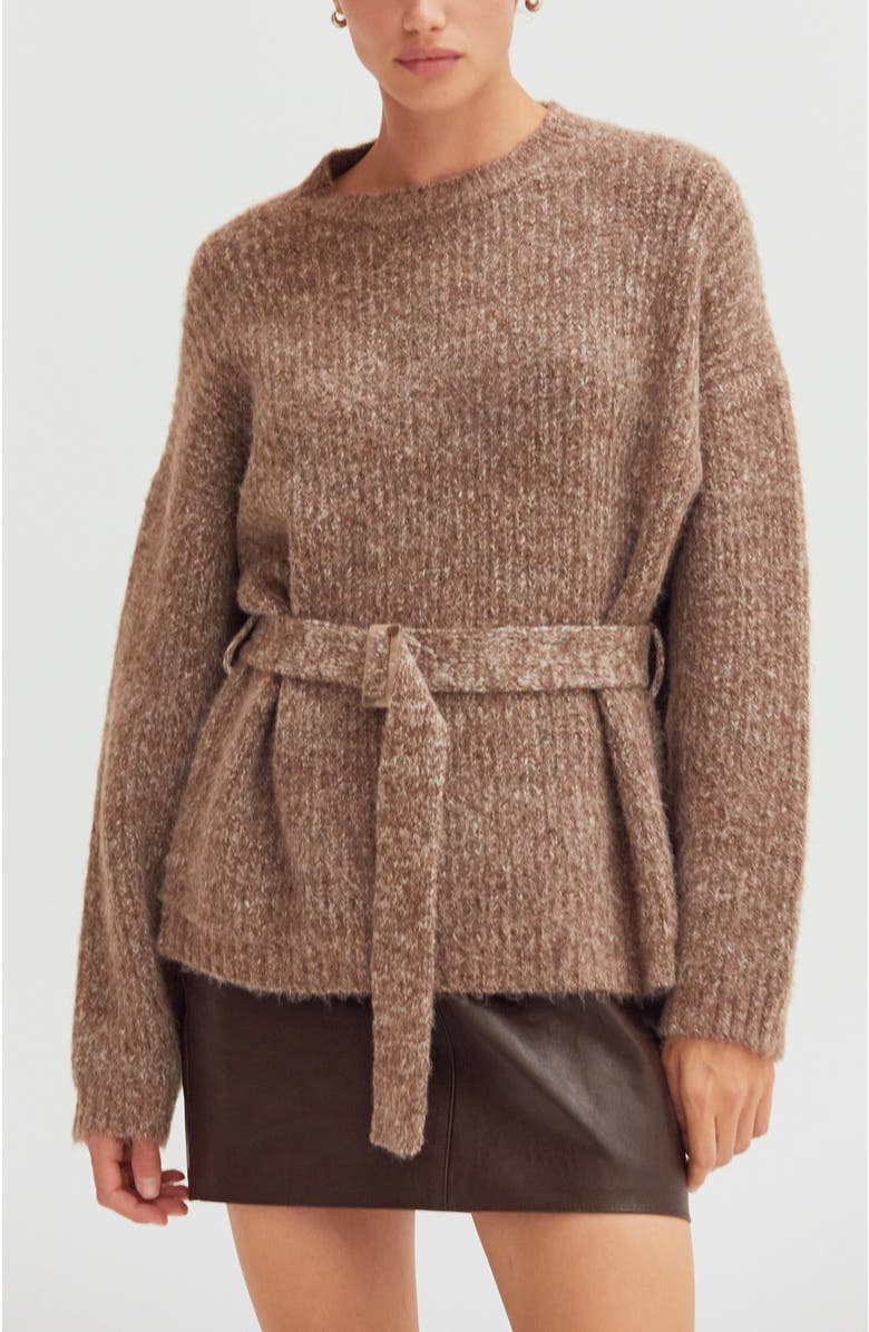 CRESCENT Belted Tunic Sweater, Main, color, Brown