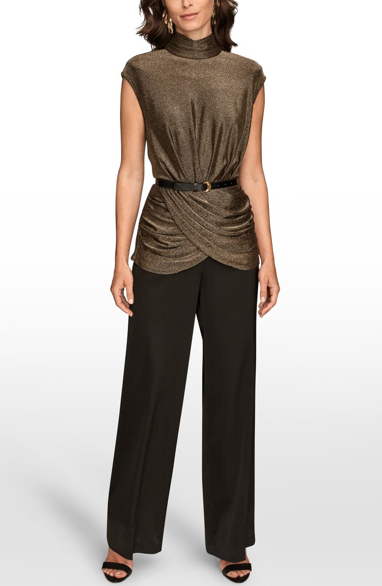 Donna Karan New York Ruched Metallic Belted Mock Neck Top, Alternate, color, Black/ Gold