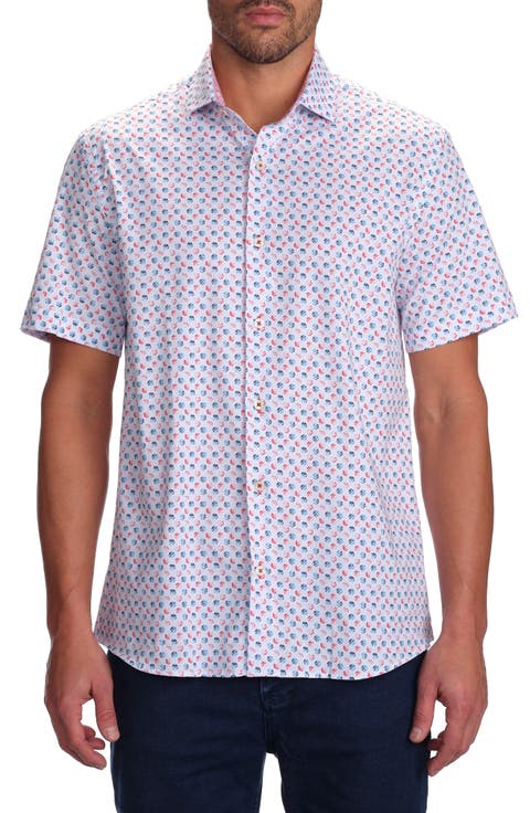 Dot Print Short Sleeve Cotton Button-Up Shirt