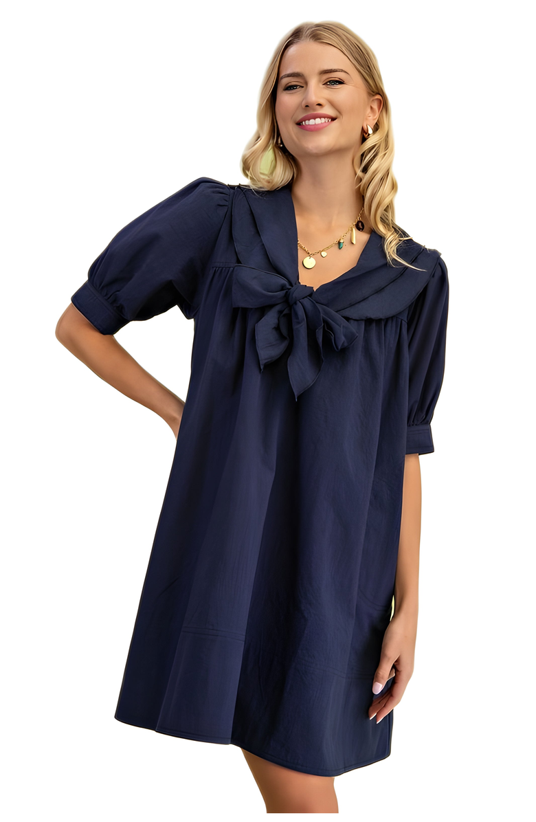 Knit and Lounge Swing Dress with Rolled Sleeves and Oversized Bow Detail, Alternate, color, Navy