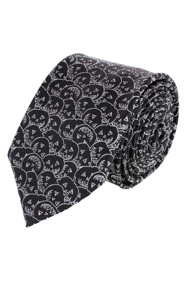 Jack O'Lantern Smiley Halloween Novelty Silk Necktie, Main, color, Black