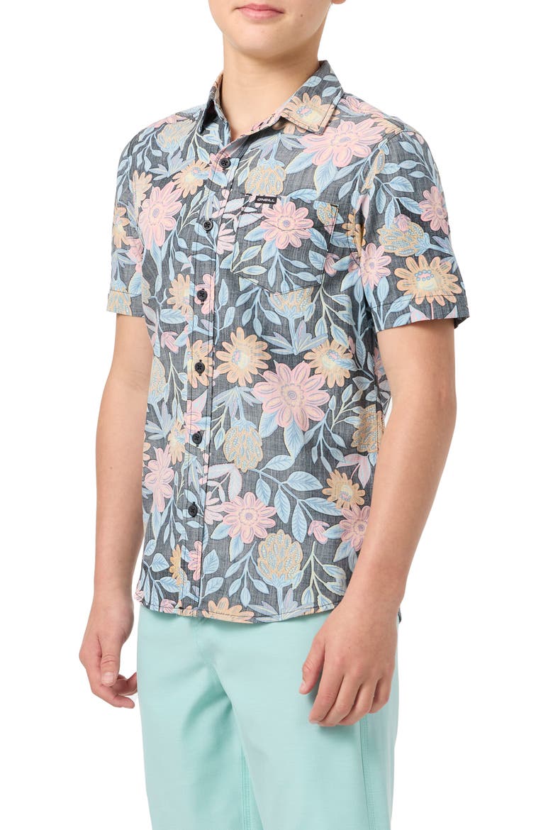 Kids' Oasis Palm Tree Print Short Sleeve Button-Up Shirt, Alternate, color, BLACK