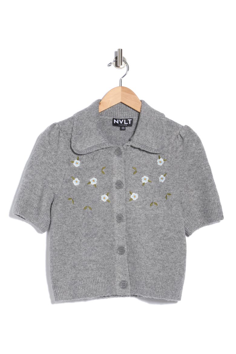 Embroidered Collared Short Sleeve Sweater, Main, color, MEDIUM GREY MIX