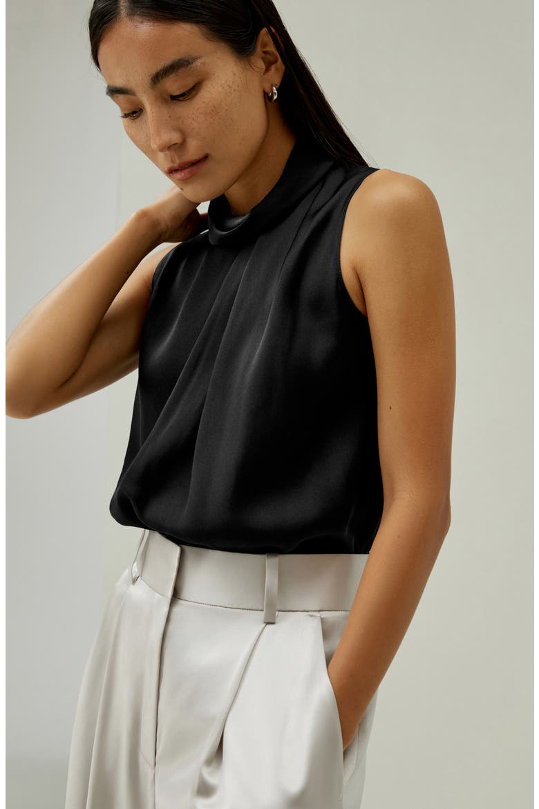 Women's Asymmetrical Sleeveless Cowl Neck Silk Top, Alternate, color, Black
