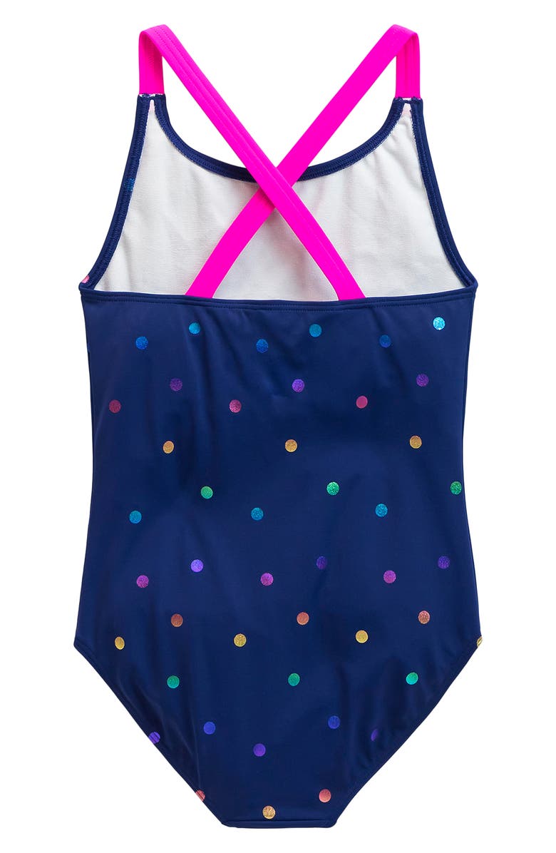 Mini Boden Kids' Cross Back One-Piece Swimsuit, Alternate, color, Rainbow Foil Confetti Spot