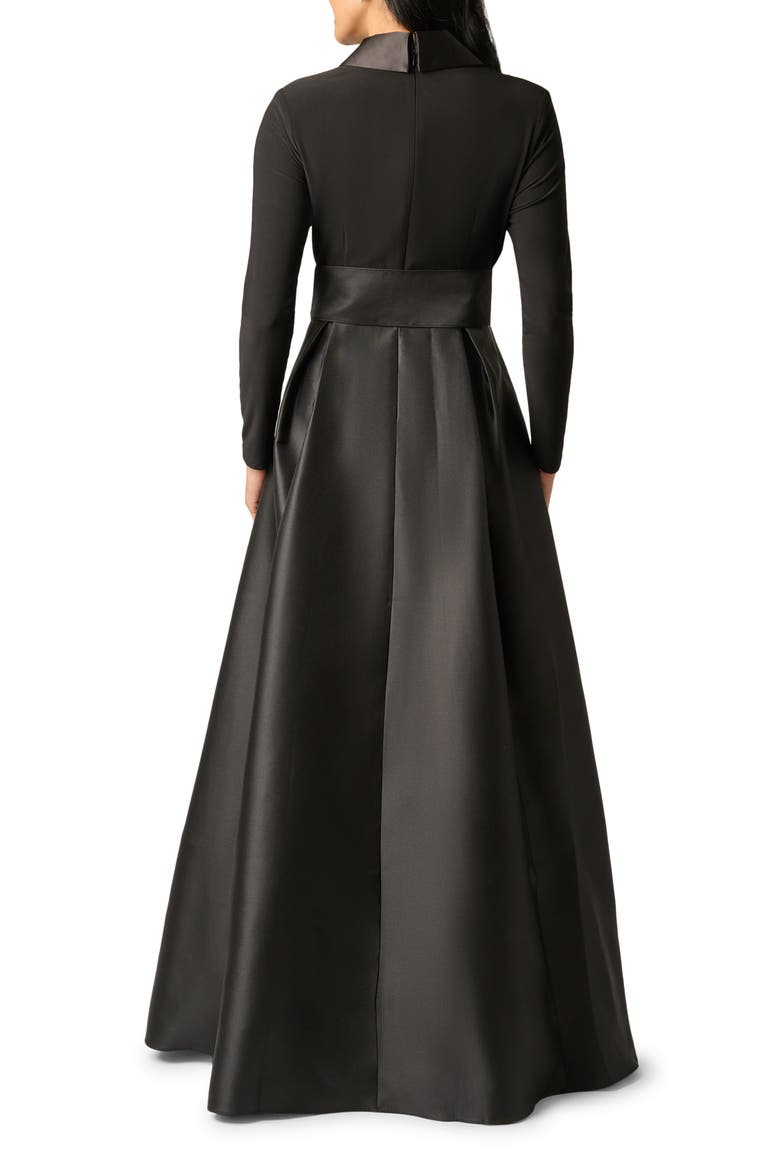 Mixed Media Long Sleeve Tuxedo Gown, Alternate, color, BLACK