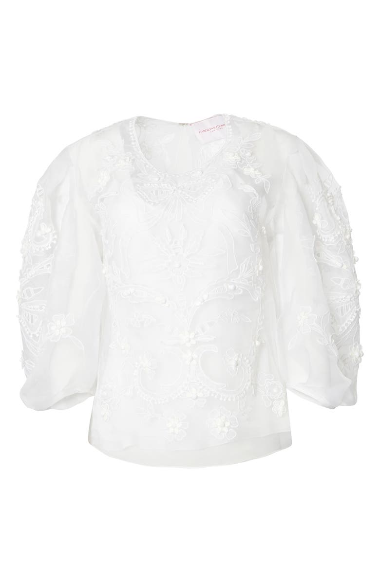 Carolina Herrera Embroidered Puff Sleeve Silk Organza Blouse, Alternate, color, 