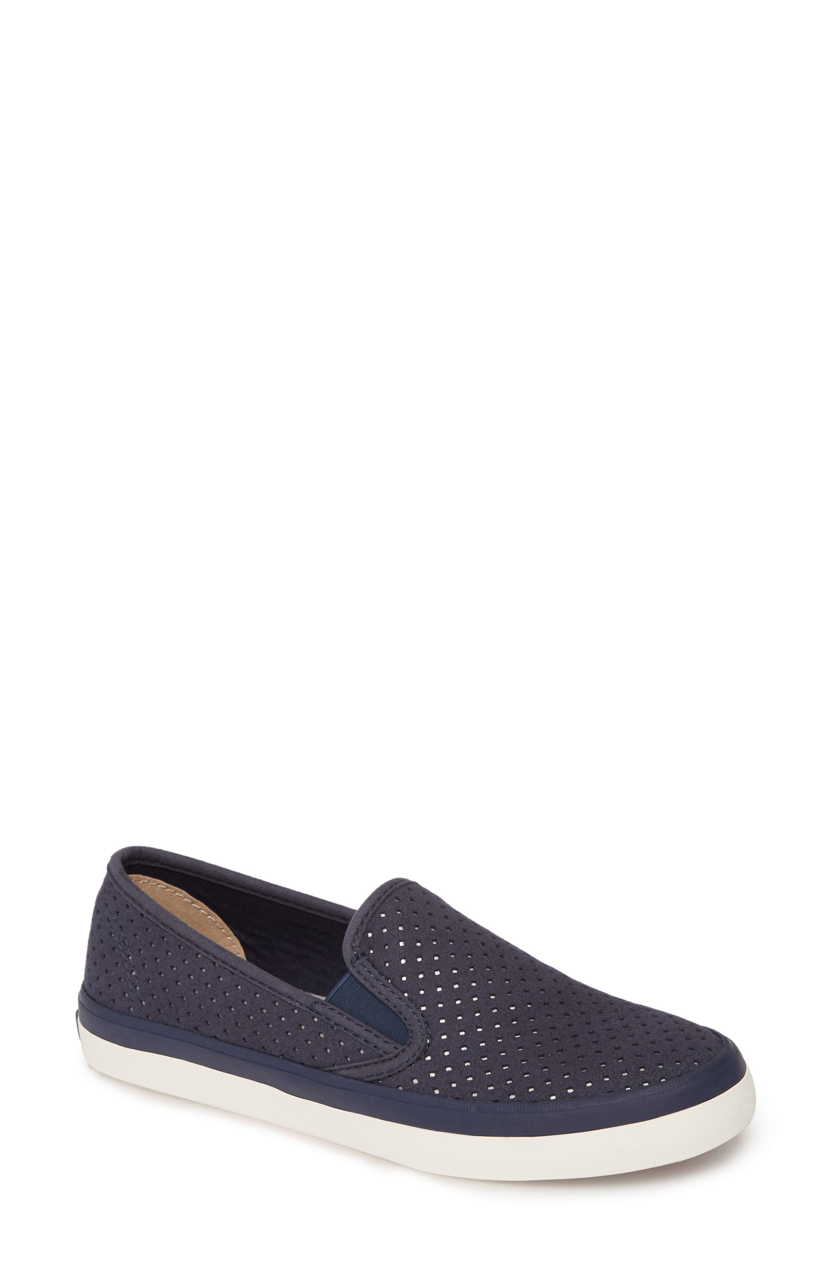 Sperry Seaside Perforated Varsity Slip-On Sneaker, Main, color, NAVY SUEDE