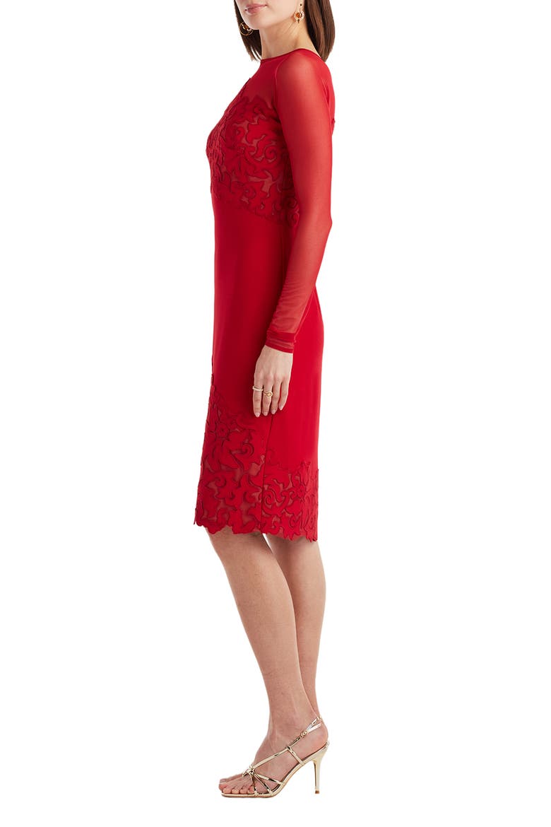 Illusion Neck Laser Cut Long Sleeve Mesh Cocktail Dress, Alternate, color, CHERRY/ NUDE