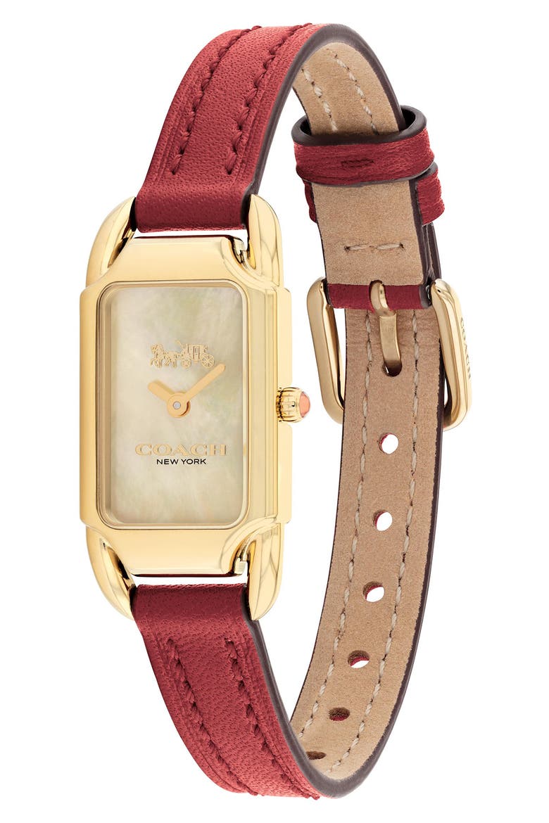Cadie Mother-of-Pearl Tank Leather Strap Watch, 17.5mm x 28.5mm, Alternate, color, WHITE