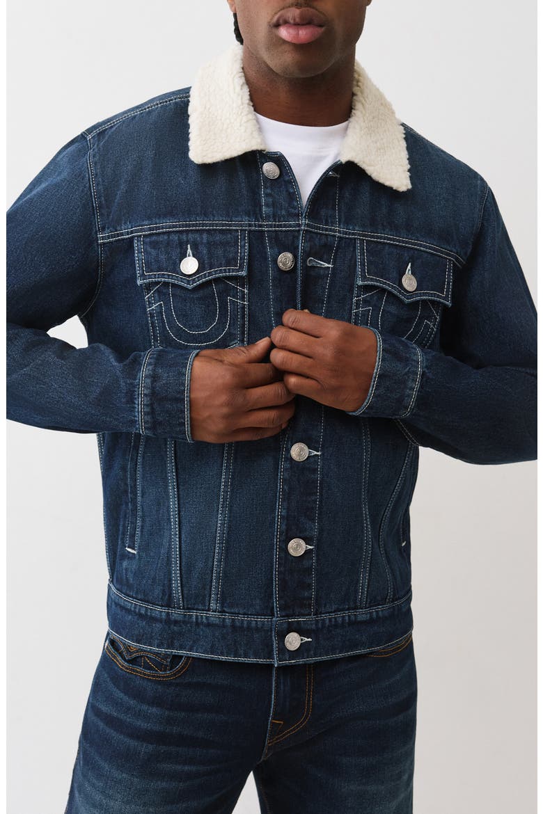 Jessie Faux Shearling Collar Denim Jacket, Main, color, DARK WOODLAND WASH