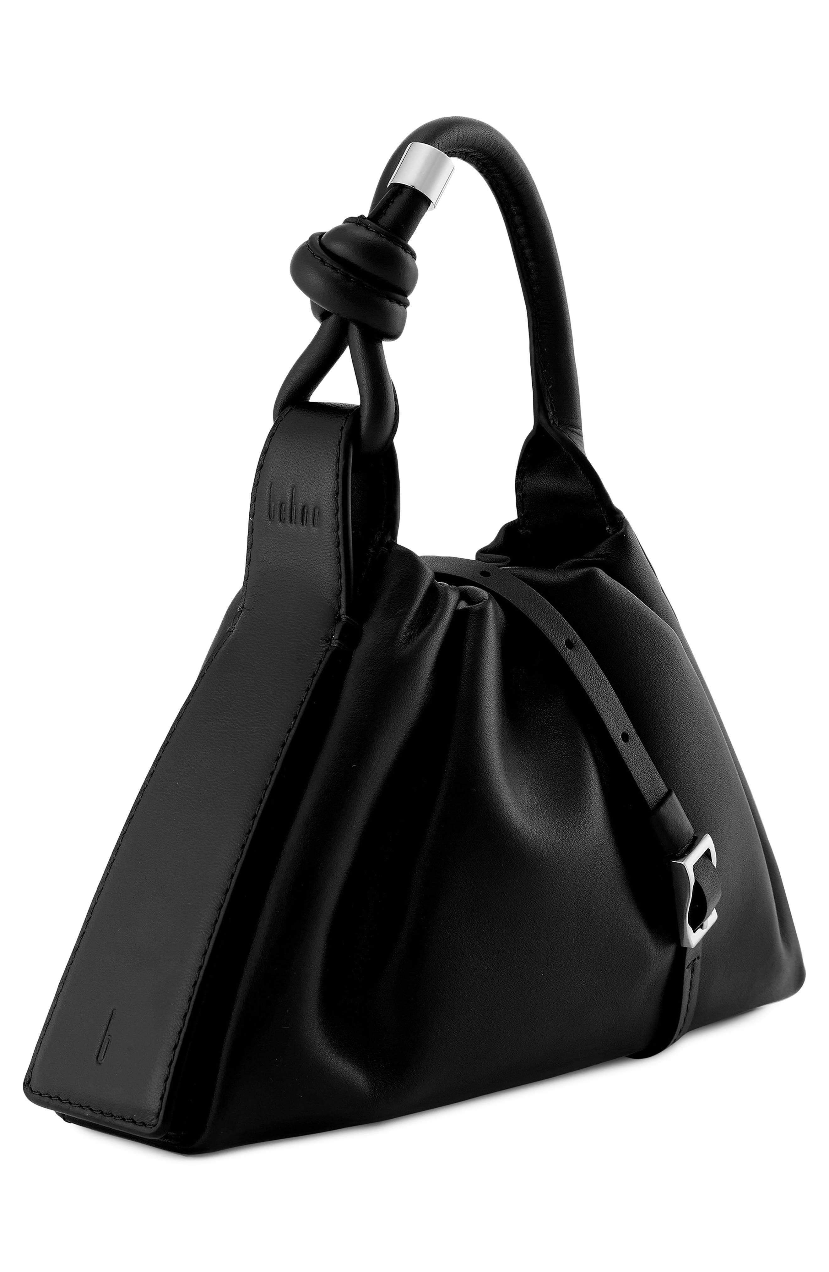behno Mini Tina Ruched Metallic Leather Baguette Top Handle Bag, Alternate, color, Black