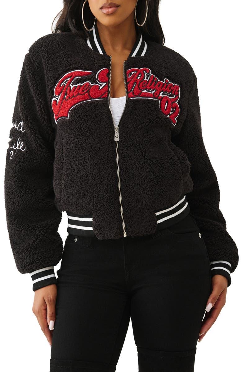 True Religion Varsity Chenille Bomber Jacket, Main, color, Jet Black