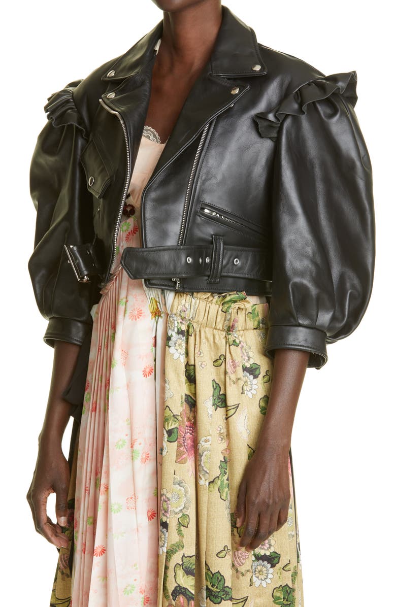 Simone Rocha Puff Sleeve Leather Crop Biker Jacket, Alternate, color, 