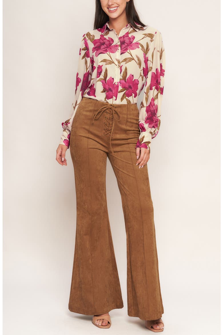 Faux Suede Bell Bottom Pants, Alternate, color, CAMEL