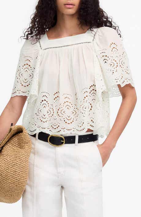 Madewell Eyelet Flutter Sleeve Cotton Blend Top