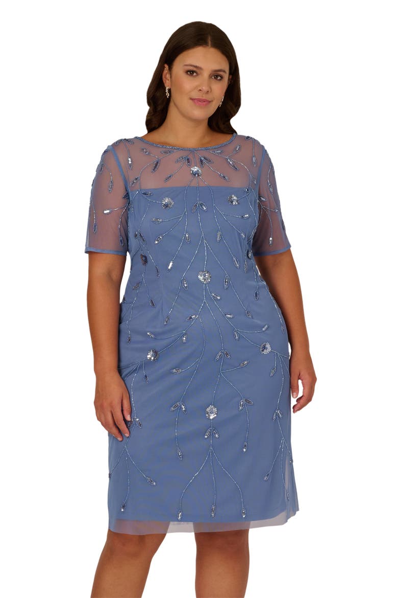 Beaded Mesh Sheath Dress, Alternate, color, FRENCH BLUE