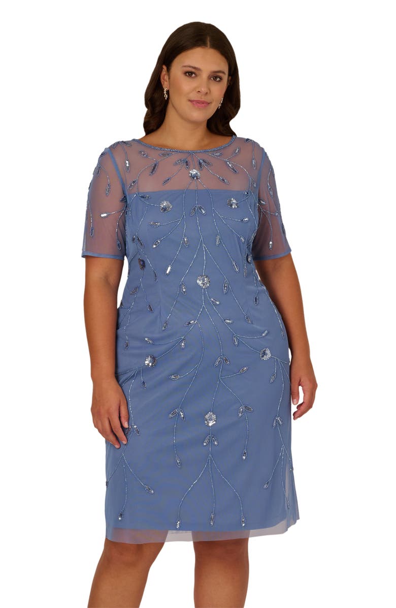 Adrianna Papell Beaded Mesh Sheath Dress, Alternate, color, French Blue