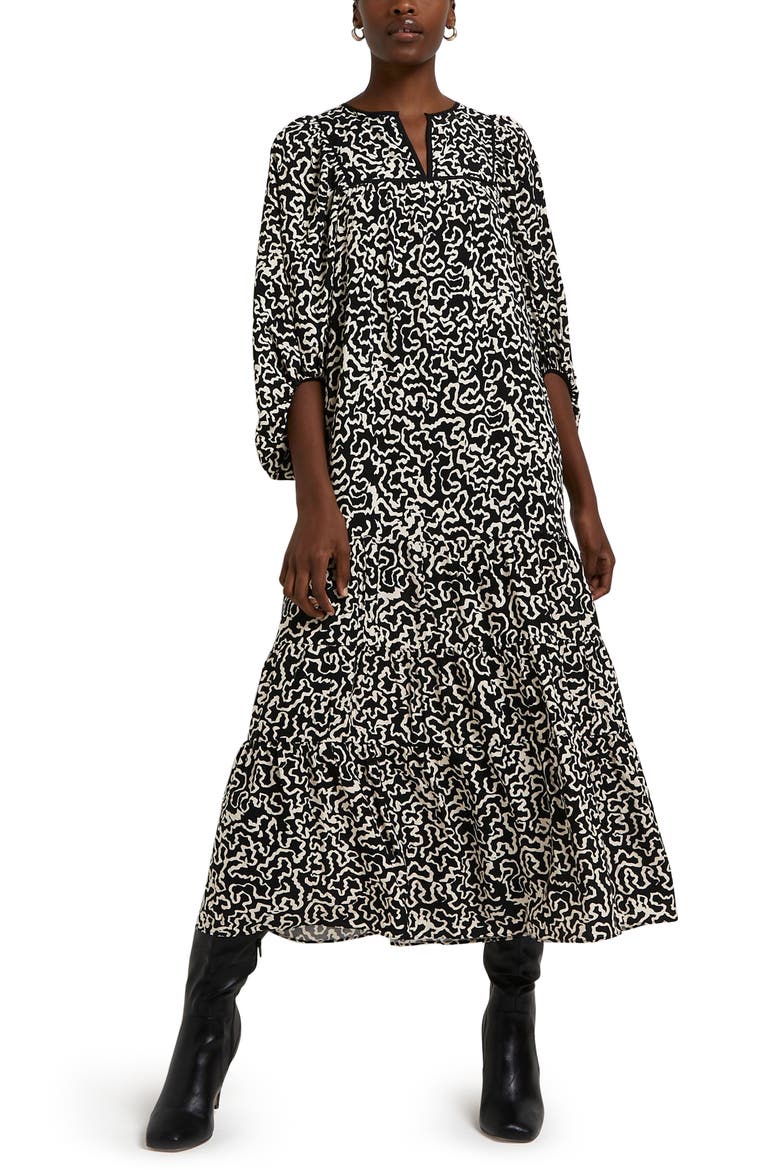 Squiggle Balloon Sleeve Midi Dress, Main, color, BLACK