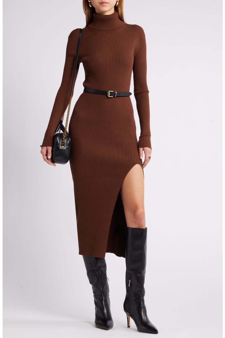 Rib Long Sleeve Turtleneck Sweater Dress, Alternate, color, BROWN SOIL