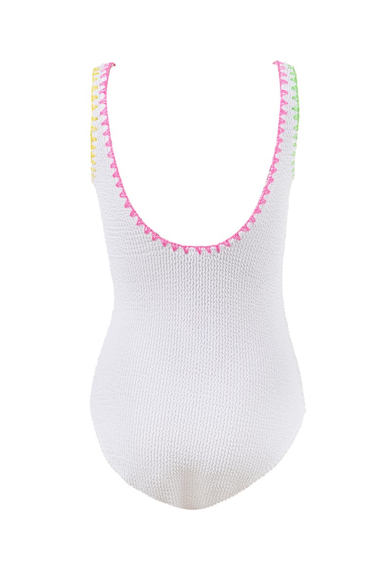 Textured Minimalist with Vibrant Embroidered Trim One-Piece Swimsuit, Alternate, color, White