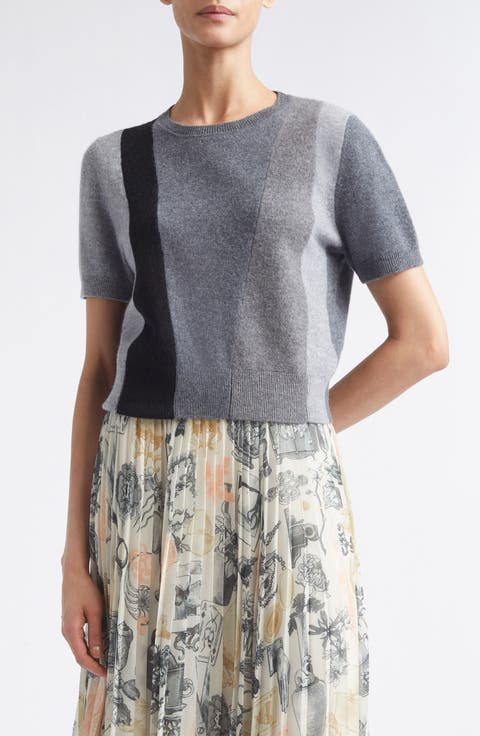 Asymmetrical Paneled Short Sleeve Wool Sweater