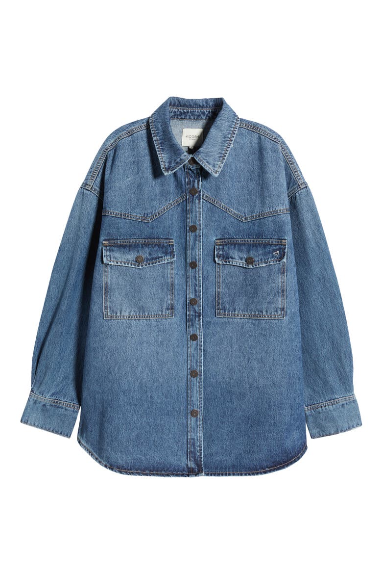 Oversize Western Denim Button-Up Shirt, Alternate, color, MEDIUM WASH
