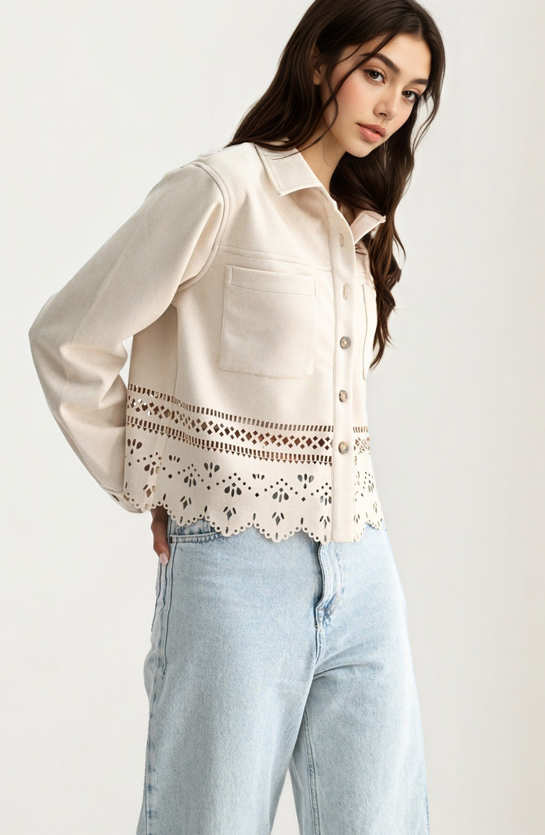 Knit and Lounge Eyelet Cutout Scalloped-Hem Button-Front Jacket, Alternate, color, Ivory
