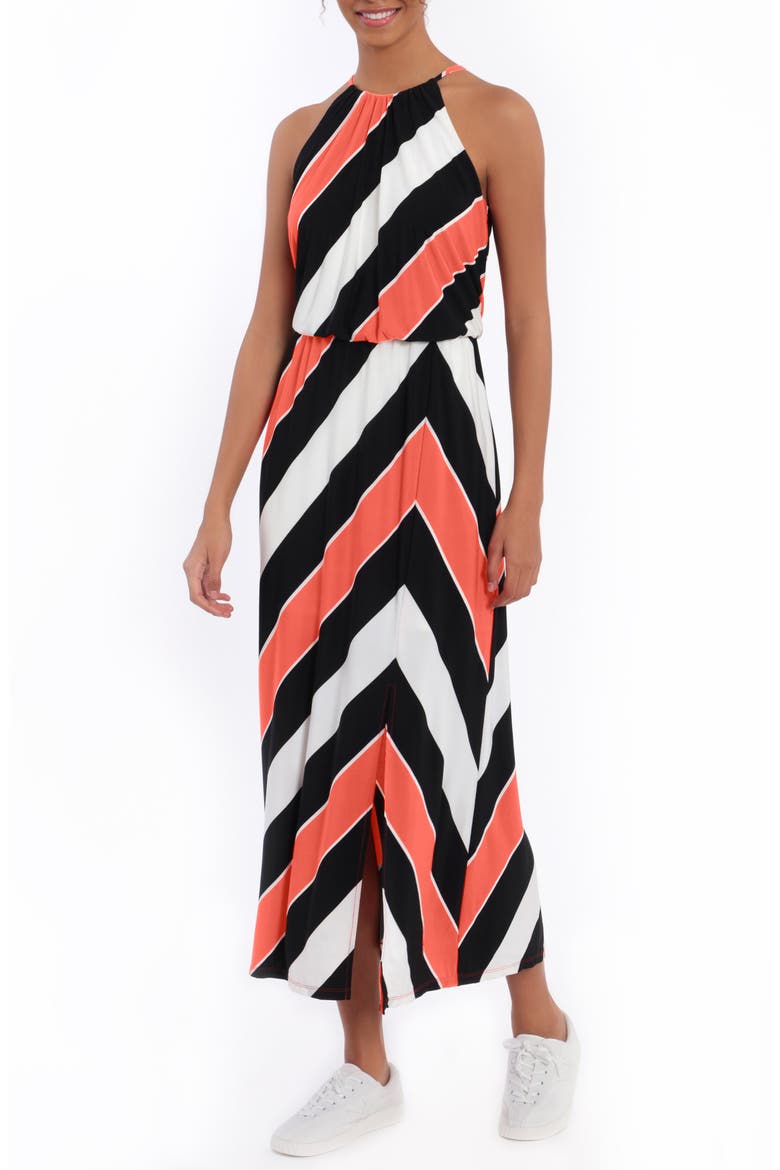 Striped Blouson Halter Maxi Dress, Main, color, SOFT WHITE/ CORAL