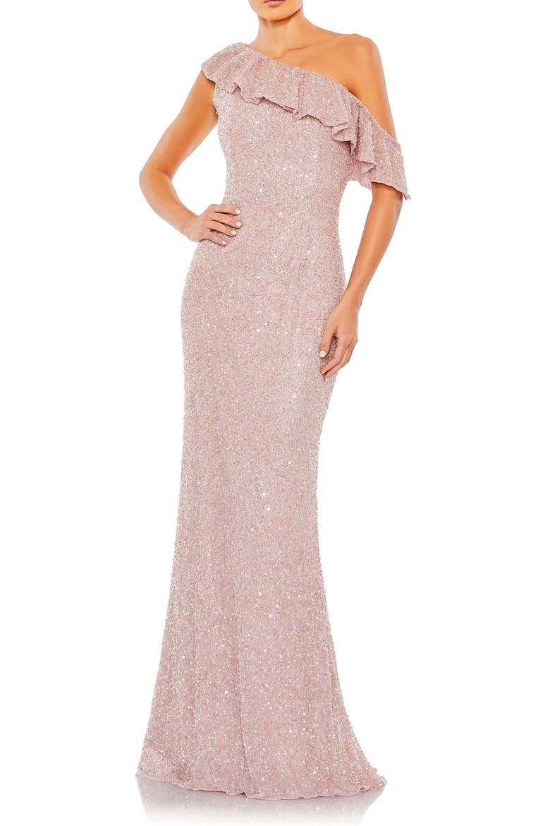 One-Shoulder Sequin Trumpet Gown, Main, color, MOCHA