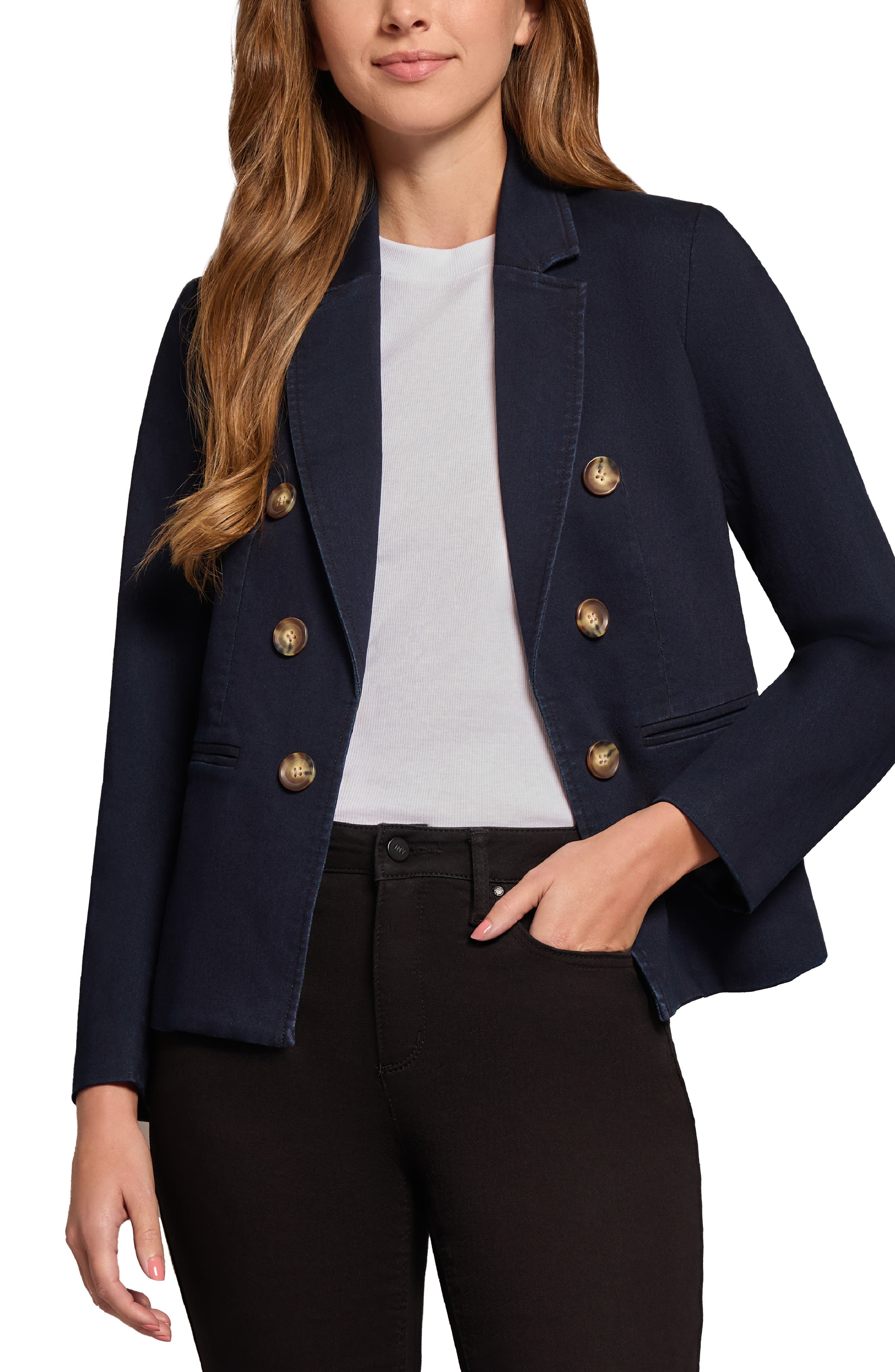 Jones New York Faux Double Breasted Denim Jacket in Indigo Rinse Wash 