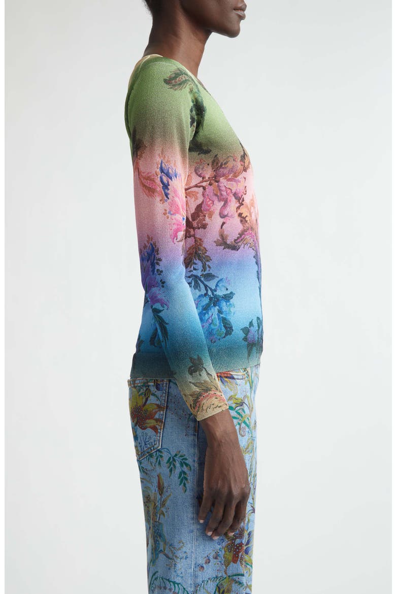 Metallic Floral Ombré V-Neck Sweater, Alternate, color, GREEN