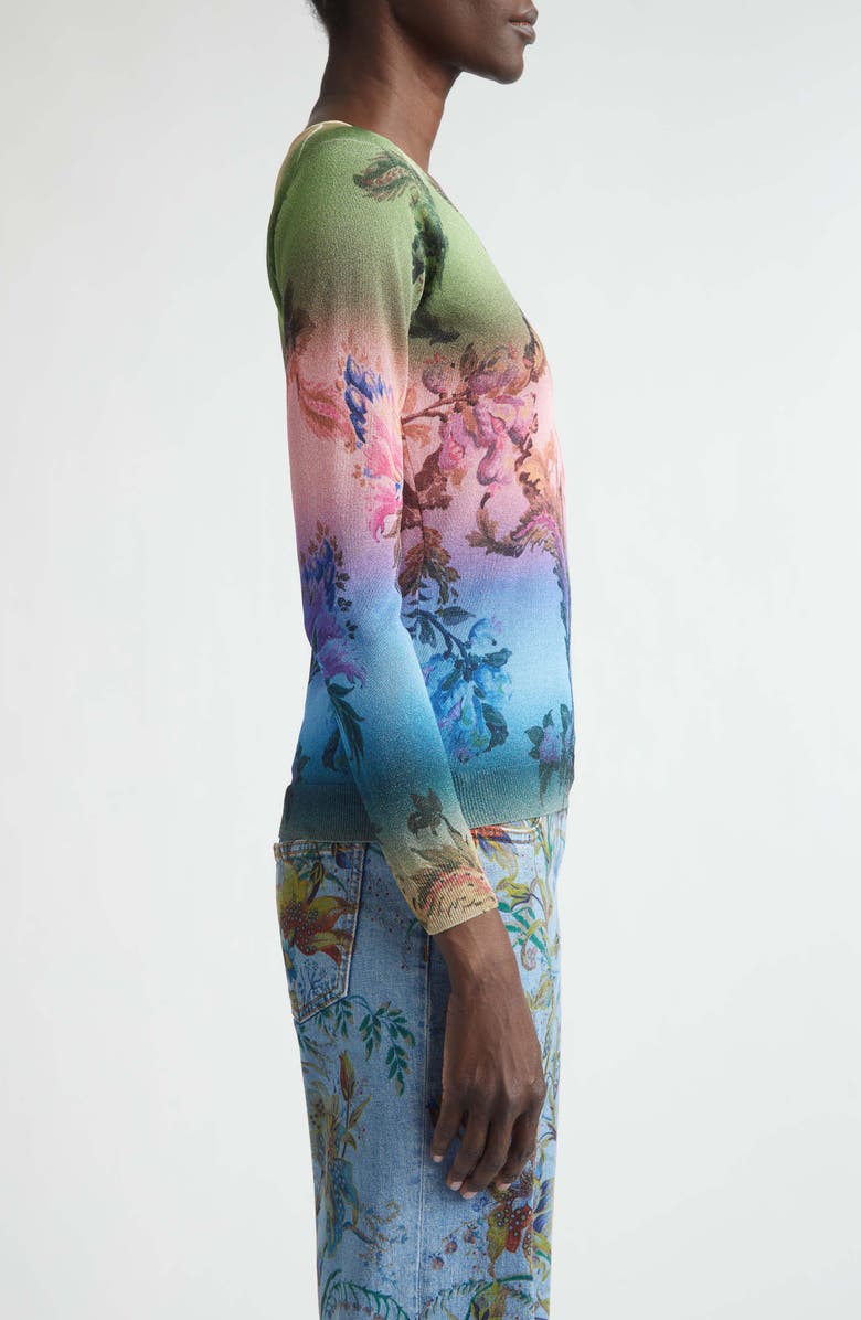 Etro Metallic Floral Ombré V-Neck Sweater, Alternate, color, Green