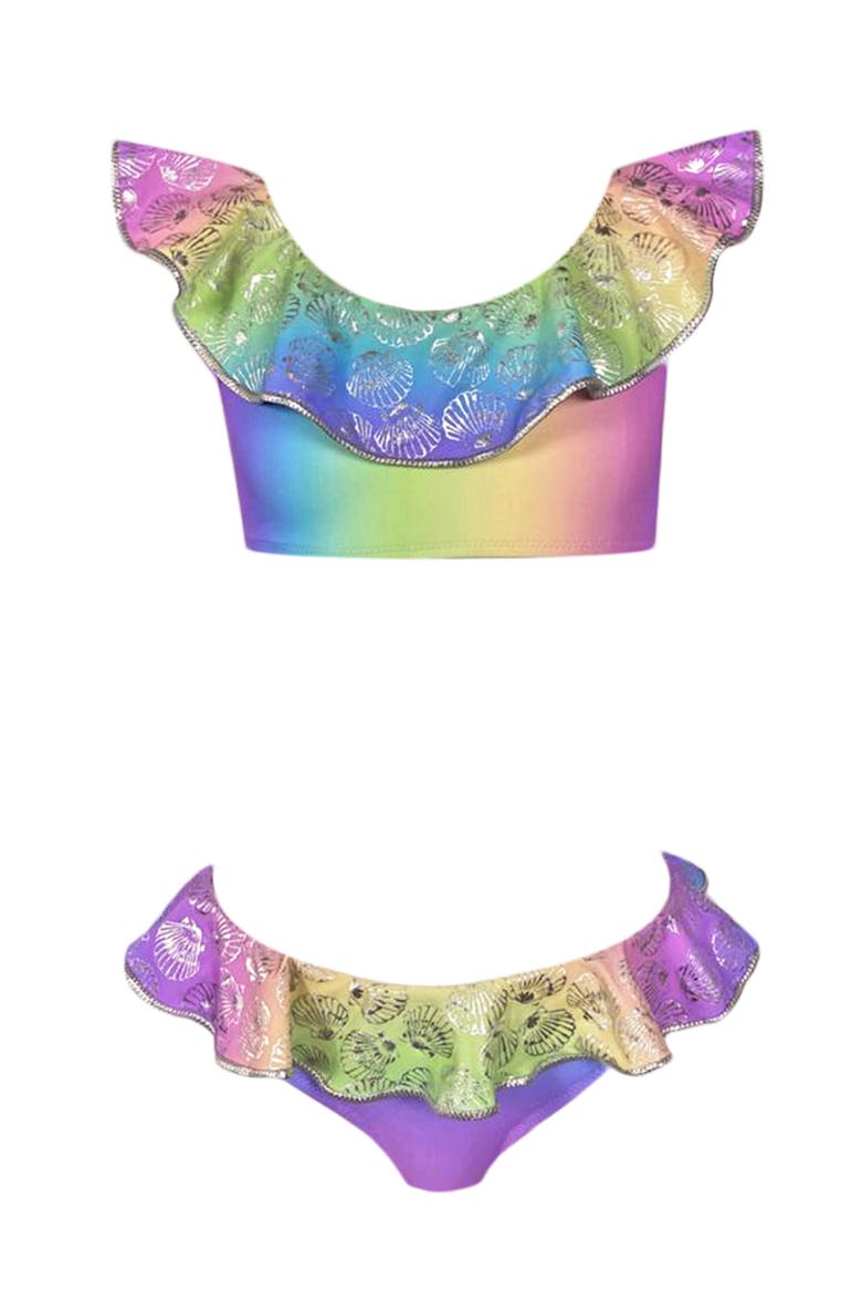 Shimmering Shell-Patterned Ruffled Boat Neck Two Piece Bikini, Little Kid, Main, color, Multicolor