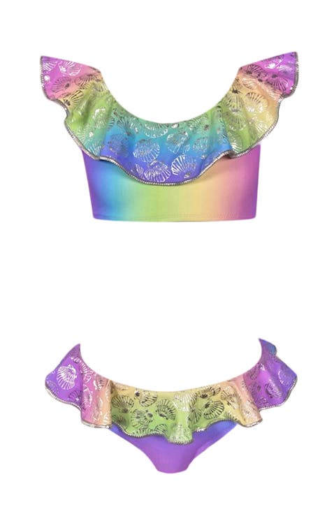 Shimmering Shell-Patterned Ruffled Boat Neck Two Piece Bikini, Little Kid