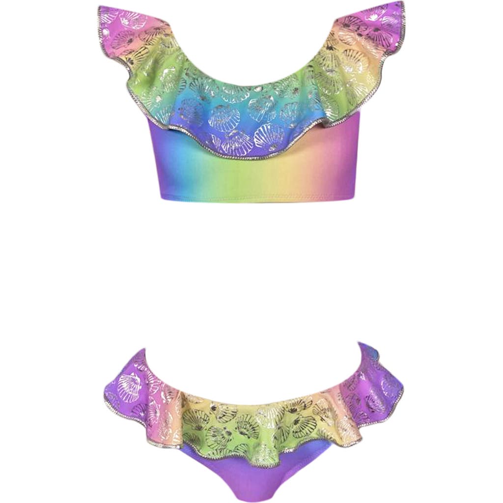 Nessi Byrd Shimmering Shell-patterned Ruffled Boat Neck Two Piece Bikini, Little Kid In Multi