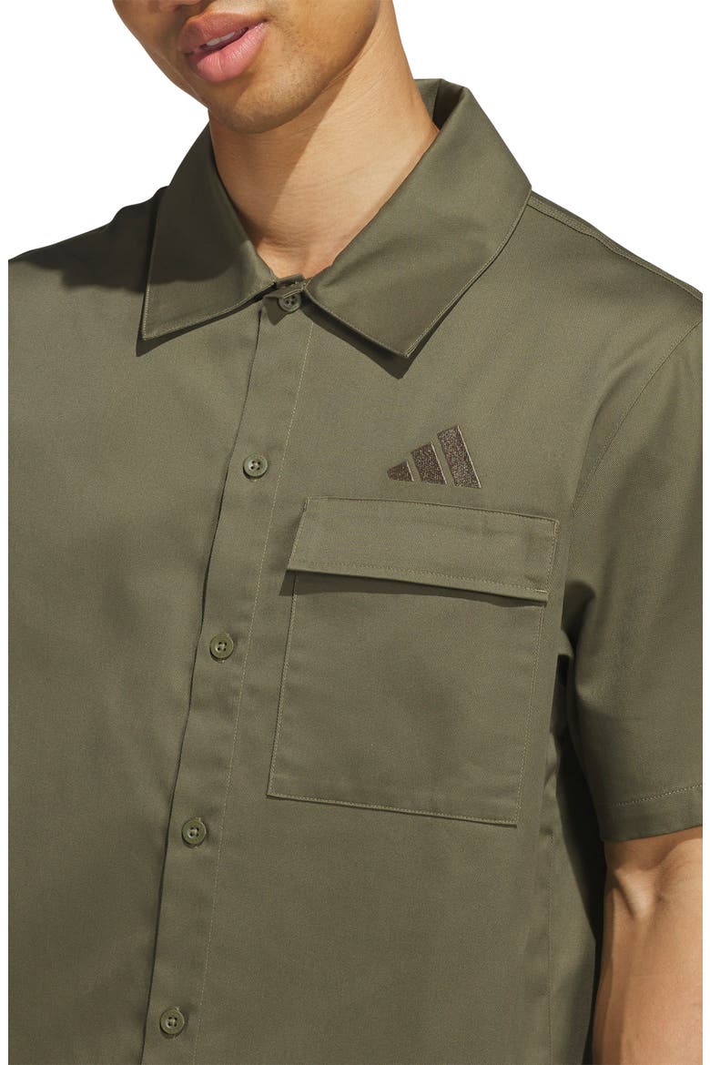 Short Sleeved Woven Buttoned Front Top, Alternate, color, OLIVE STRATA
