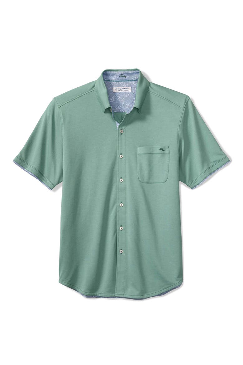 San Lucio Lotus Happy Hour IslandZone® Short Sleeve Cotton Blend Button-Up Shirt, Main, color, DARK SPA
