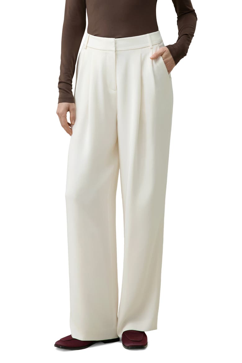 Silk Crepe Pleated Straight Trousers, Main, color, Natural White