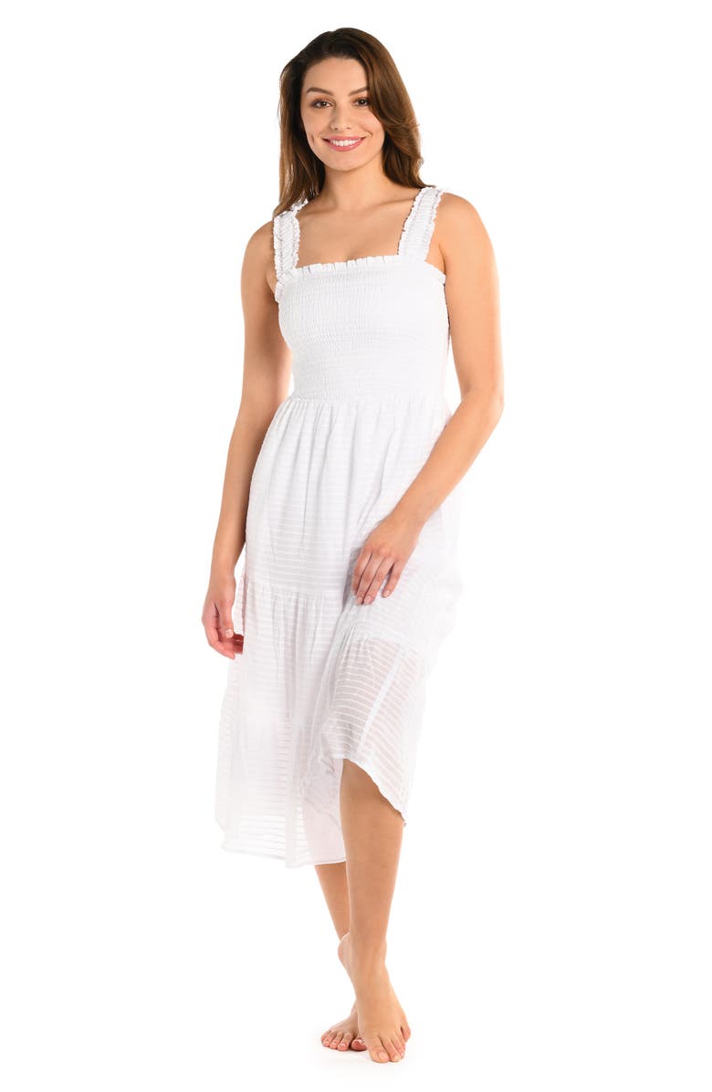 La Blanca Shadow Smocked Bodice Cover-Up Sundress, Alternate, color, White