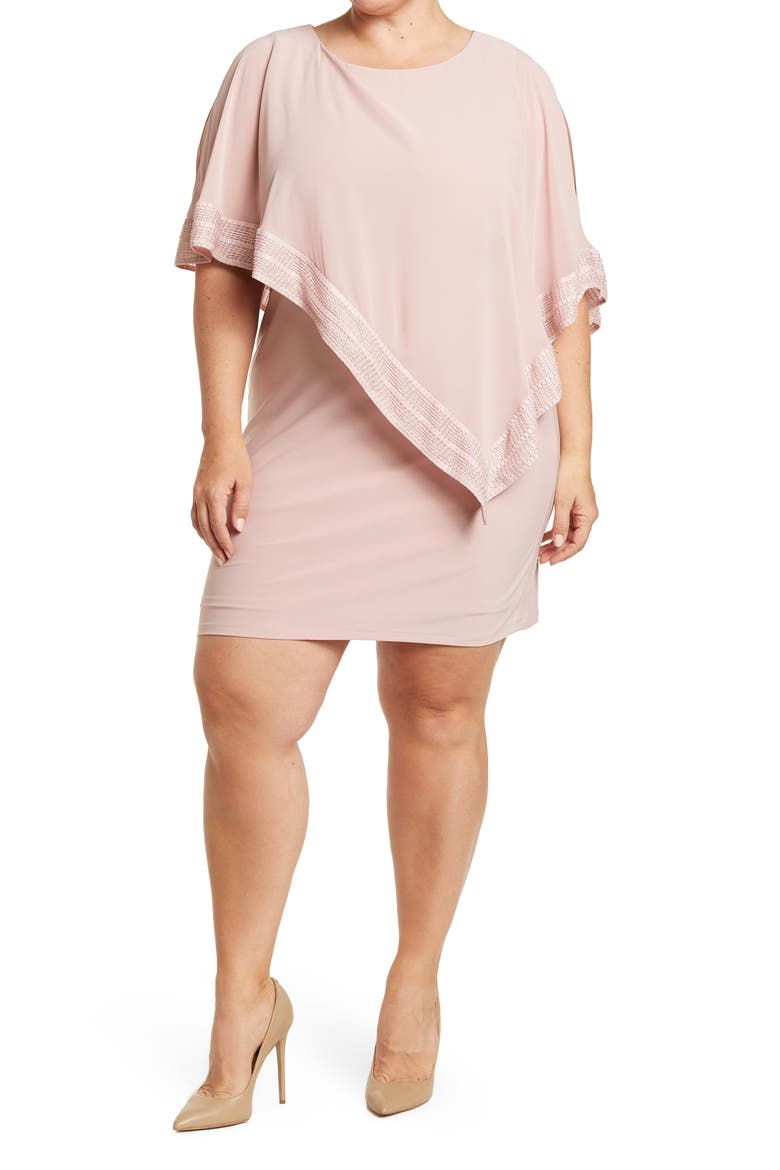 Foil Trim Asymmetrical Popover Capelet Sheath Dress, Alternate, color, FADED ROSE SILVER