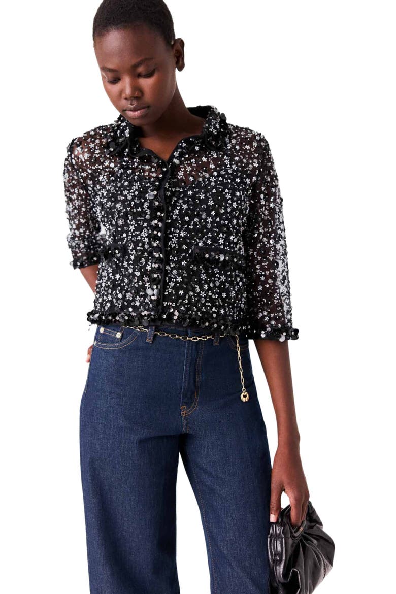 Floral rhinestone polo, Alternate, color, Black